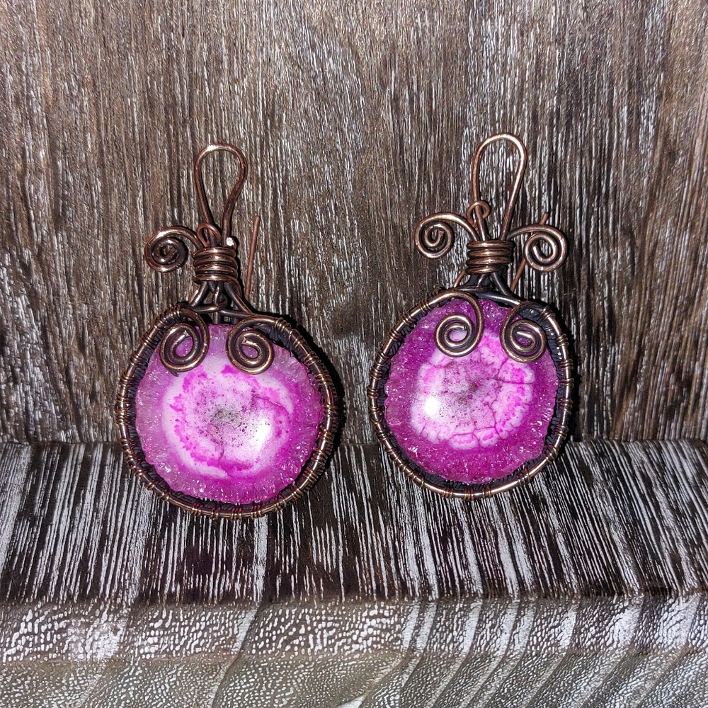 Pink Solar Quartz Druzy Wire Wrapped Earrings